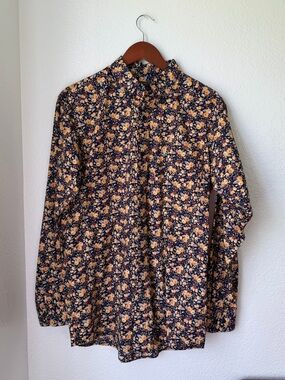 Ariat Fitted Navy Button-Down Shirt with Yellow Floral Print Size M
